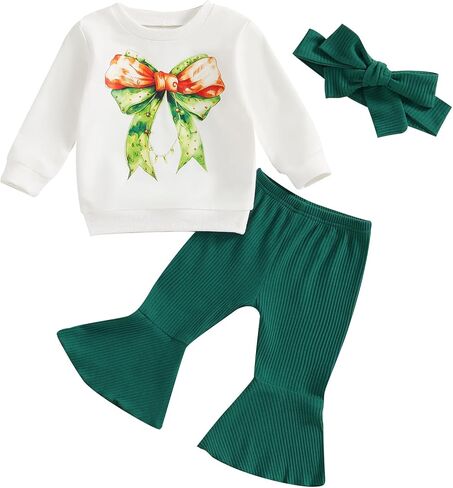 Toddler Baby Girl Christmas Outfits Bow Print Long Sleeve Sweatshirt Solid Ribbed Flare Pants Headband 3 Piece Set in Kuwait