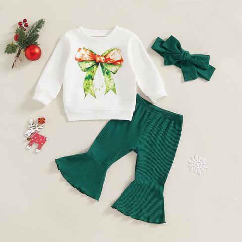 Toddler Baby Girl Christmas Outfits Bow Print Long Sleeve Sweatshirt Solid Ribbed Flare Pants Headband 3 Piece Set in Kuwait