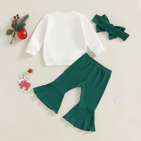 Toddler Baby Girl Christmas Outfits Bow Print Long Sleeve Sweatshirt Solid Ribbed Flare Pants Headband 3 Piece Set in Kuwait