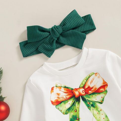 Toddler Baby Girl Christmas Outfits Bow Print Long Sleeve Sweatshirt Solid Ribbed Flare Pants Headband 3 Piece Set in Kuwait