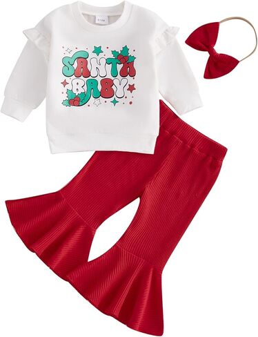 Toddler Baby Girl Christmas Outfits Bow Print Long Sleeve Sweatshirt Solid Ribbed Flare Pants Headband 3 Piece Set in Kuwait