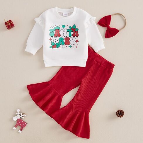 Toddler Baby Girl Christmas Outfits Bow Print Long Sleeve Sweatshirt Solid Ribbed Flare Pants Headband 3 Piece Set in Kuwait