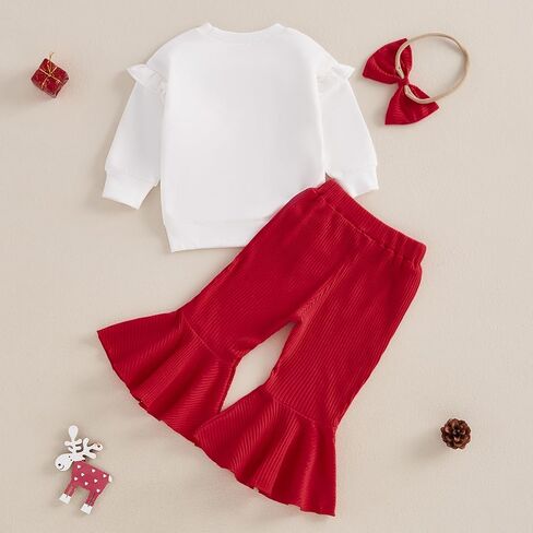 Toddler Baby Girl Christmas Outfits Bow Print Long Sleeve Sweatshirt Solid Ribbed Flare Pants Headband 3 Piece Set in Kuwait