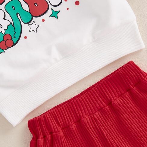 Toddler Baby Girl Christmas Outfits Bow Print Long Sleeve Sweatshirt Solid Ribbed Flare Pants Headband 3 Piece Set in Kuwait