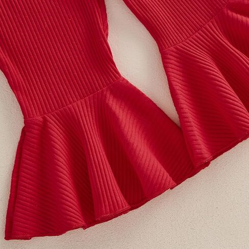 Toddler Baby Girl Christmas Outfits Bow Print Long Sleeve Sweatshirt Solid Ribbed Flare Pants Headband 3 Piece Set in Kuwait