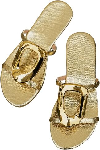 GORGLITTER Women's Metal Circle Leather Flat Sandals Strappy Vacation Wide Width Slides Sandal in Saudi Arabia