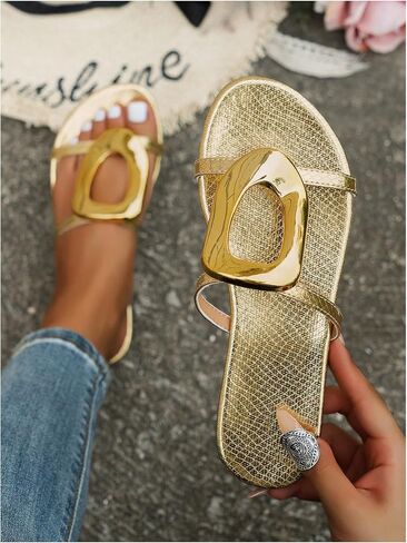 GORGLITTER Women's Metal Circle Leather Flat Sandals Strappy Vacation Wide Width Slides Sandal in Saudi Arabia