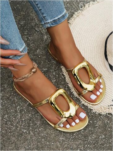 GORGLITTER Women's Metal Circle Leather Flat Sandals Strappy Vacation Wide Width Slides Sandal in Saudi Arabia