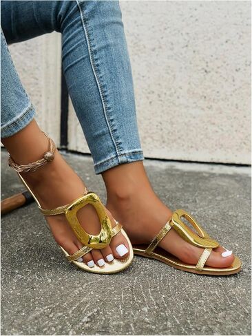 GORGLITTER Women's Metal Circle Leather Flat Sandals Strappy Vacation Wide Width Slides Sandal in Saudi Arabia