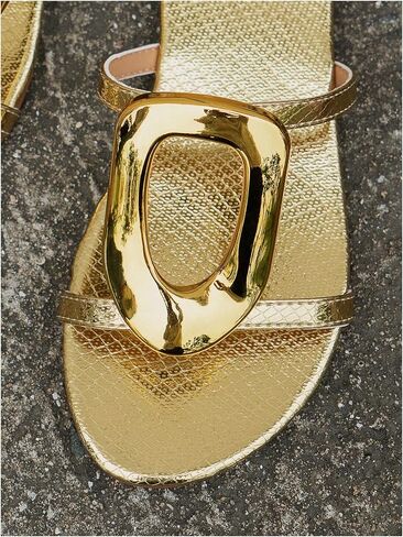 GORGLITTER Women's Metal Circle Leather Flat Sandals Strappy Vacation Wide Width Slides Sandal in Saudi Arabia