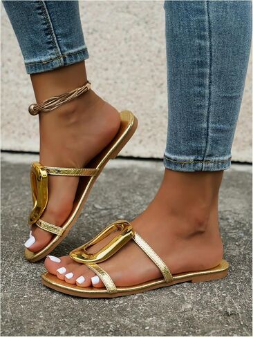 GORGLITTER Women's Metal Circle Leather Flat Sandals Strappy Vacation Wide Width Slides Sandal in Saudi Arabia