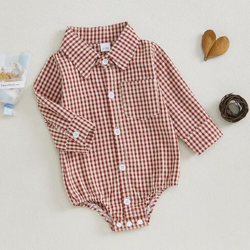 Douhoow Baby Plaid Romper Boys Girls Button Down Bodysuit Long Sleeve Lapel Neck Tops Fall Winter Festival Clothes in Saudi Arabia