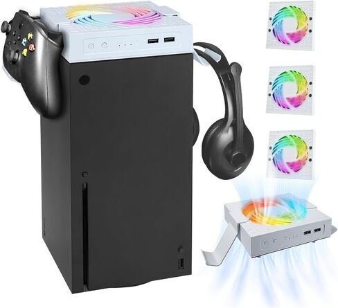 مروحة تبريد لأجهزة Xbox Series X، ومروحة تبريد Xbox Series X مع سرعة مروحة تلقائية قابلة للتعديل حسب درجة الحرارة، وحامل وحدة التحكم، وضوضاء منخفضة، وإضاءة RGB، ومنفذي USB للشحن ونقل البيانات باللون الأبيض in Saudi Arabia