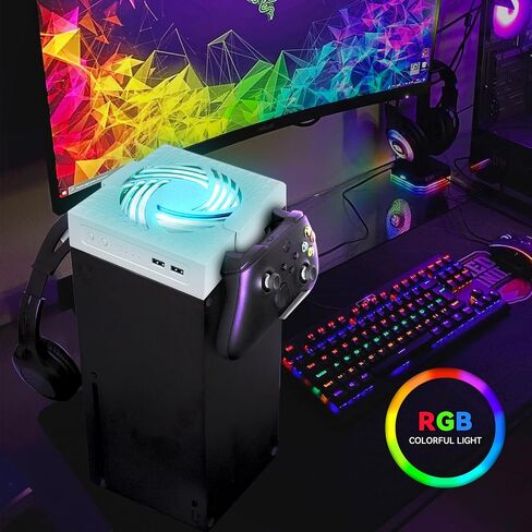 مروحة تبريد لأجهزة Xbox Series X، ومروحة تبريد Xbox Series X مع سرعة مروحة تلقائية قابلة للتعديل حسب درجة الحرارة، وحامل وحدة التحكم، وضوضاء منخفضة، وإضاءة RGB، ومنفذي USB للشحن ونقل البيانات باللون الأبيض in Saudi Arabia