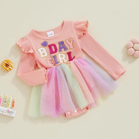 Matching Sister Outfits Girl and Baby Birthday Gril Print Ribbed Ruffle Sleeve Top with Tulle Dress/Baby Romper Dress in Saudi Arabia