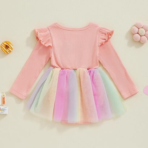 Matching Sister Outfits Girl and Baby Birthday Gril Print Ribbed Ruffle Sleeve Top with Tulle Dress/Baby Romper Dress in Saudi Arabia