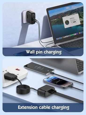 QENEQ 65W USB C Charger,GaN PPS 3-Port Fast Compact Foldable,Wall Charger,Travel Adapter with US/UK/EU Plug Extension Cord for MacBook Pro/Air, iPad Pro, Galaxy S23, Dell XPS 13, iPhone 15, and More in Kuwait