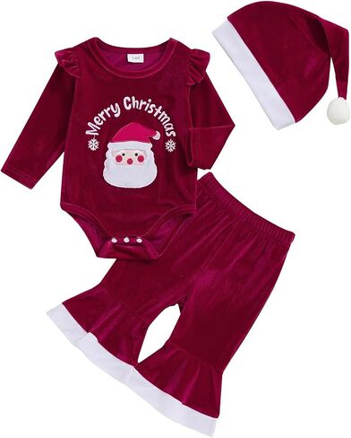 Infant Baby Girls Christmas Clothes Santa Claus Velvet Romper Top Bell Pants Fur Hat Winter Outfits in Saudi Arabia