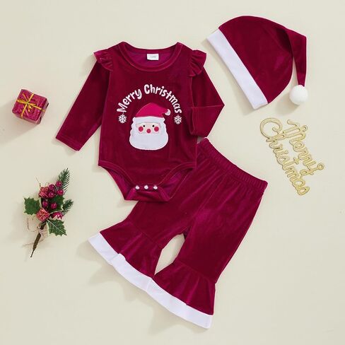Infant Baby Girls Christmas Clothes Santa Claus Velvet Romper Top Bell Pants Fur Hat Winter Outfits in Saudi Arabia