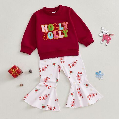 Toddler Baby Girl Christmas Outfit Pullover Sweatshirt Top Flared Pants Set Cute 2 Piece Bell Bottom Outfit in Kuwait
