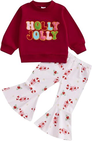 Toddler Baby Girl Christmas Outfit Pullover Sweatshirt Top Flared Pants Set Cute 2 Piece Bell Bottom Outfit in Kuwait