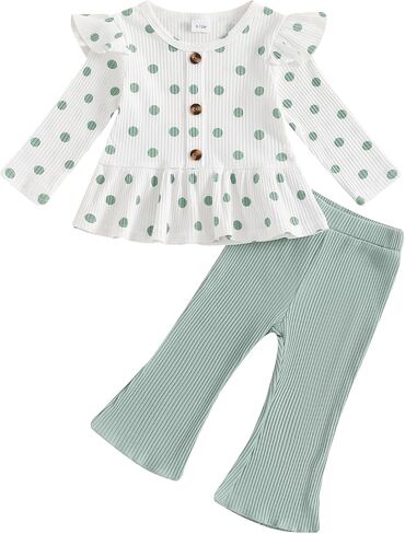 ملابس خريفية للأطفال البنات بأكمام طويلة مضلعة وبلوزات مكشكشة وسراويل واسعة طقم من قطعتين ملابس شتوية لطيفة للأطفال الصغار in Kuwait