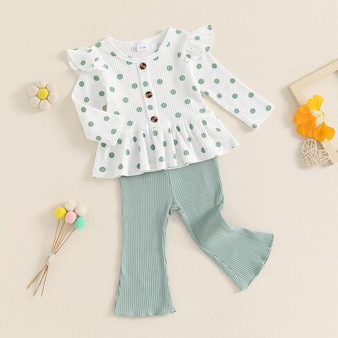 ملابس خريفية للأطفال البنات بأكمام طويلة مضلعة وبلوزات مكشكشة وسراويل واسعة طقم من قطعتين ملابس شتوية لطيفة للأطفال الصغار in Kuwait