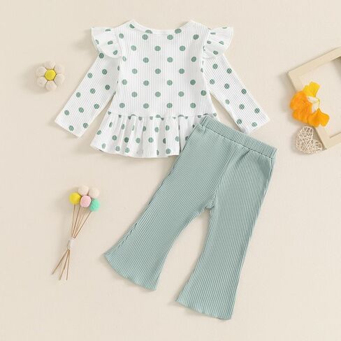 ملابس خريفية للأطفال البنات بأكمام طويلة مضلعة وبلوزات مكشكشة وسراويل واسعة طقم من قطعتين ملابس شتوية لطيفة للأطفال الصغار in Kuwait