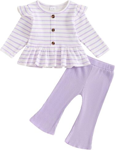 Baby Girls Fall Outfits Ribbed Long Sleeve Ruffle Trim Tops and Flared Pants Set 2Pcs Cute Toddler Winter Clothes in Saudi Arabia