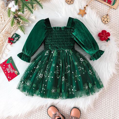 ABAFIP Toddler Baby Girl Fall Winter Clothes Velvet Long Sleeve Smocked Tutu Glitter Tulle Christmas Dress in Kuwait