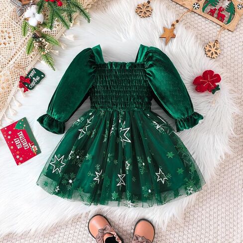 ABAFIP Toddler Baby Girl Fall Winter Clothes Velvet Long Sleeve Smocked Tutu Glitter Tulle Christmas Dress in Kuwait