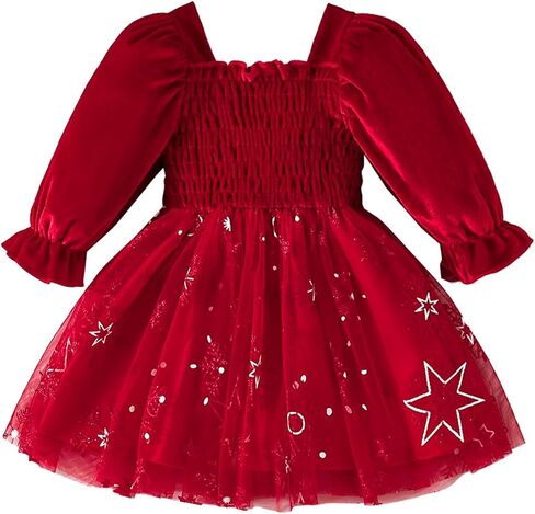 ABAFIP Toddler Baby Girl Fall Winter Clothes Velvet Long Sleeve Smocked Tutu Glitter Tulle Christmas Dress in Saudi Arabia