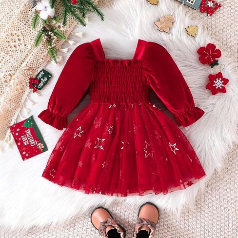 ABAFIP Toddler Baby Girl Fall Winter Clothes Velvet Long Sleeve Smocked Tutu Glitter Tulle Christmas Dress in Saudi Arabia