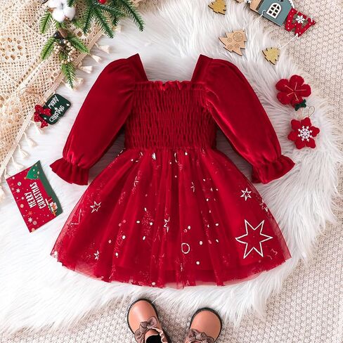 ABAFIP Toddler Baby Girl Fall Winter Clothes Velvet Long Sleeve Smocked Tutu Glitter Tulle Christmas Dress in Saudi Arabia