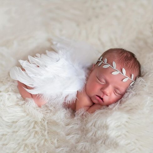 Holibeat 0-6M Baby White Fairy Feather Angel Wings with a Headband Newborn Photography Posing Props (White) in Kuwait