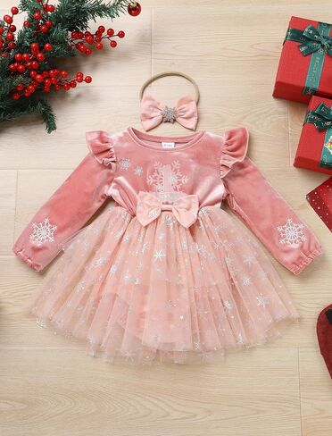 OBEEII Baby Girl First Christmas Velvet Tulle Dress Long Sleeve Sparkle Snowflake Tiered Dress 1st Birthday Cake Smash Outfit in Saudi Arabia