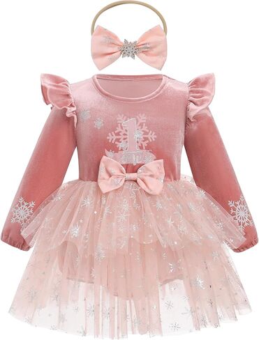 OBEEII Baby Girl First Christmas Velvet Tulle Dress Long Sleeve Sparkle Snowflake Tiered Dress 1st Birthday Cake Smash Outfit in Saudi Arabia