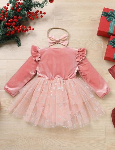 OBEEII Baby Girl First Christmas Velvet Tulle Dress Long Sleeve Sparkle Snowflake Tiered Dress 1st Birthday Cake Smash Outfit in Saudi Arabia
