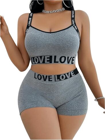 SOLY HUX Women's Plus Size 2 Piece Lingerie Letter Seamless Wireless Bralette and Boyshorts Set in Saudi Arabia