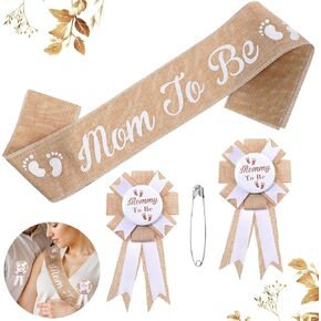 3Pcs Linen Mom to Be Sash Dad to Be Pin Baby Shower Decorations Rustic Boho Mom to Be Sash Baby Shower Sash Corsage Set for Pregnant Mommy Baby Shower Party Decorations in Kuwait
