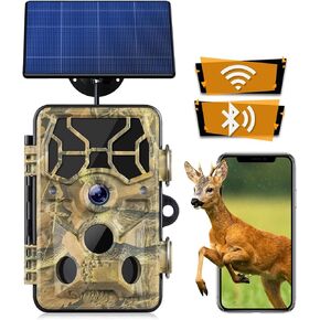 Solar Trail Camera - 30MP 1296P WiFi Bluetooth Solar Powered, Game Camera with Night Vision Motion Activated IP66 Waterproof 120° Detection Angle Hunting Camera for Wildlife Scouting