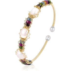 Natural Green Jade & Pearls Bracelets for Women, Natural Freshwater Pearls Jade Bracelets Jewelry Bangle, Lucky Green Jade Jewelry for Mom Lover Her (14K Gold Plated) in Kuwait