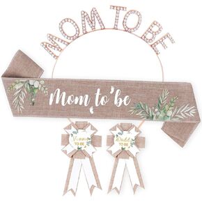 Neutral Burlap Mom to Be Sash Dad to Be Pin Baby Shower Decorations, Mommy to Be Sash Corsage Pin and Mother to be Crown Maternity Gift for Gender Reveals Party Decorations for Pregnant Keepsake Gifts