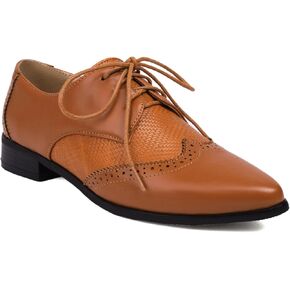 Women's Leather Pointed Toe Wingtip Low Heel Brogue Oxfords VintagePrint Non-Slip Lace-up Casual Business Work Flat Formal Shoes