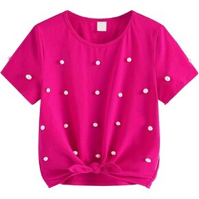 Toddler Girls T Shirt Pearl Short Sleeve Round Neck Knot Hem Tee Tops Kids Little Girl Summer Clothes Outfit 4-7T