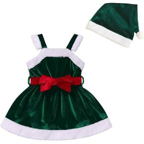 Toddler Baby Girl Christmas Dress Santa Claus Dresses Sleeveless Red Velvet Dress Princess A-line Tulle Dress with Santa Hat