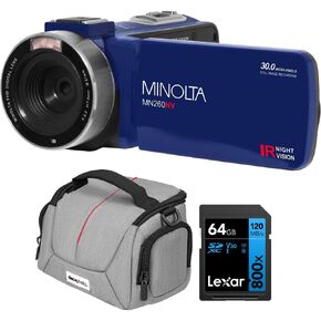 Minolta MN260NV 1080P FHD / 30 MP Night Vision Camcorder, Blue Bundle with Lexar 64GB High-Performance 800x UHS-I SDXC Memory Card + Deco Photo Camera Bag for DSLR and Mirrorless Cameras