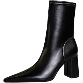 Womens Comfy Pointed Toe Mid Calf Boots Chunky Block Heeled Ankle Booties for Women Fashion Dressy Slip On Winter High Heels Boot Shoes