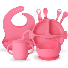 Silicone Baby Feeding Set, 10 Pcs Baby Led Weaning Supplies with Suction Bowl and Plate, baby feeding set with Adjustable Bid,Sippy Cup with Straw and Lid, Mommy Ark Set Suit for 6+Months