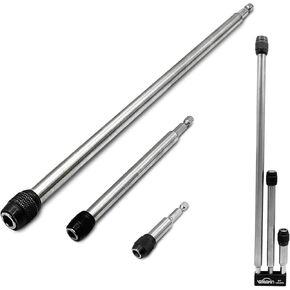 3 piece ONE PIECE Type STAINLESS Bit Holder W/release & Magnetic 3", 6", 12" Extensions
